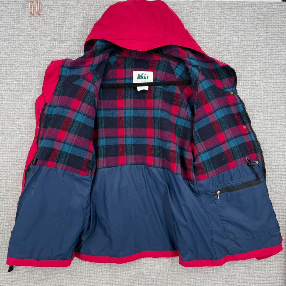 Vintage REI Hooded Jacket Women 12 Red Plaid Merino Wool Lined Gorpcore Boho - Picture 4 of 13